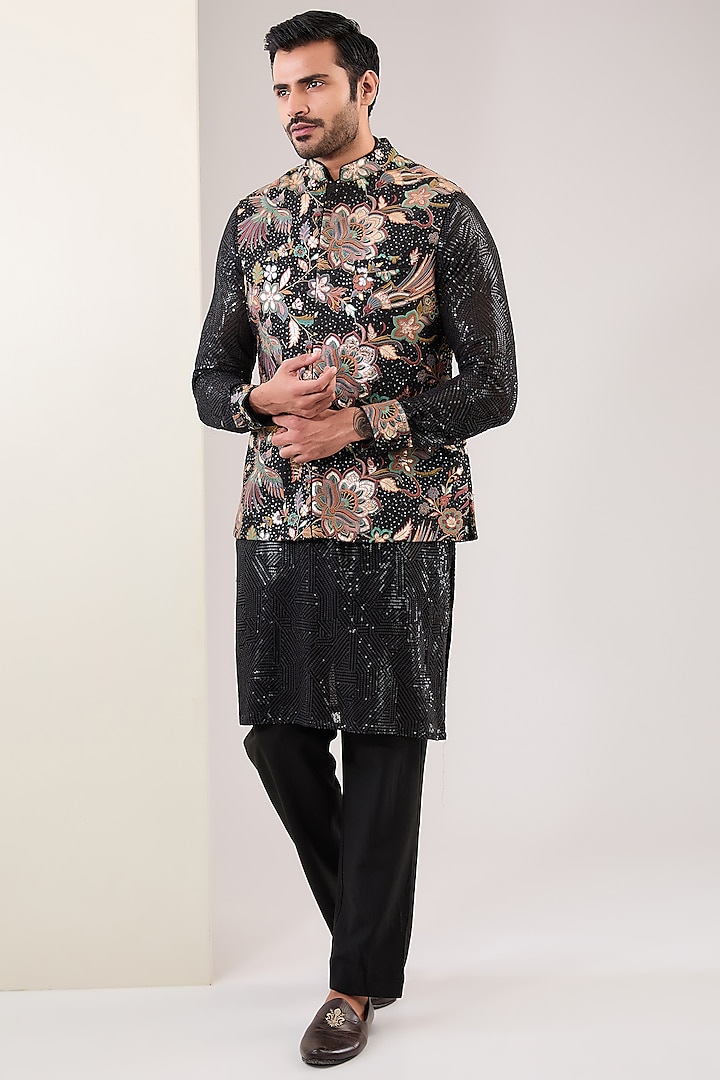 Black Silk Thread Embroidered Bundi Jacket Set by Rabani & Rakha Men